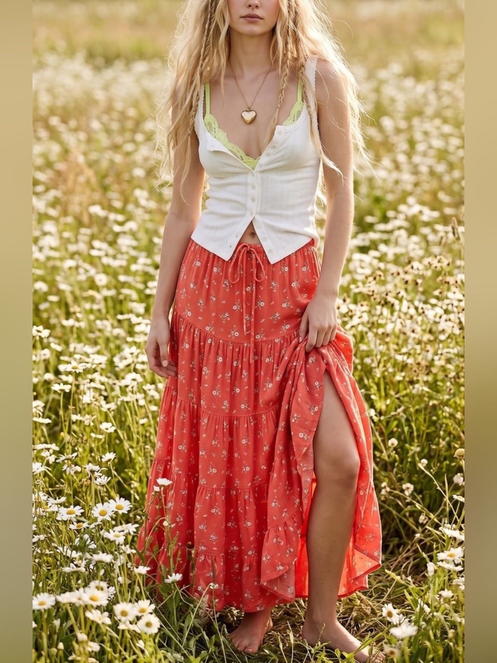 Free People Nova Tiered Maxi Skirt Coral Combo Size  M ~ NWOT